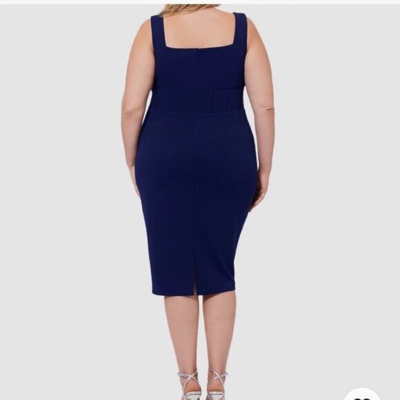 Betsy & Adam Plus Size 14W Navy Blue Scuba Crepe Corset Midi Cocktail Dress - Picture 3 of 10